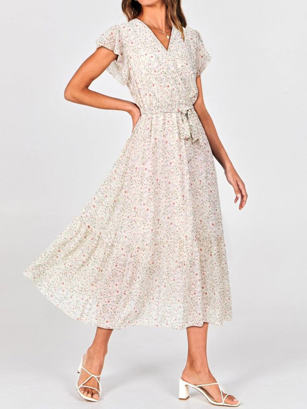 Women Summer Bohemian Floral Casual Wrap V Neck Ruffle Cap Sleeveless Belt A-Lin - Picture 7 of 7